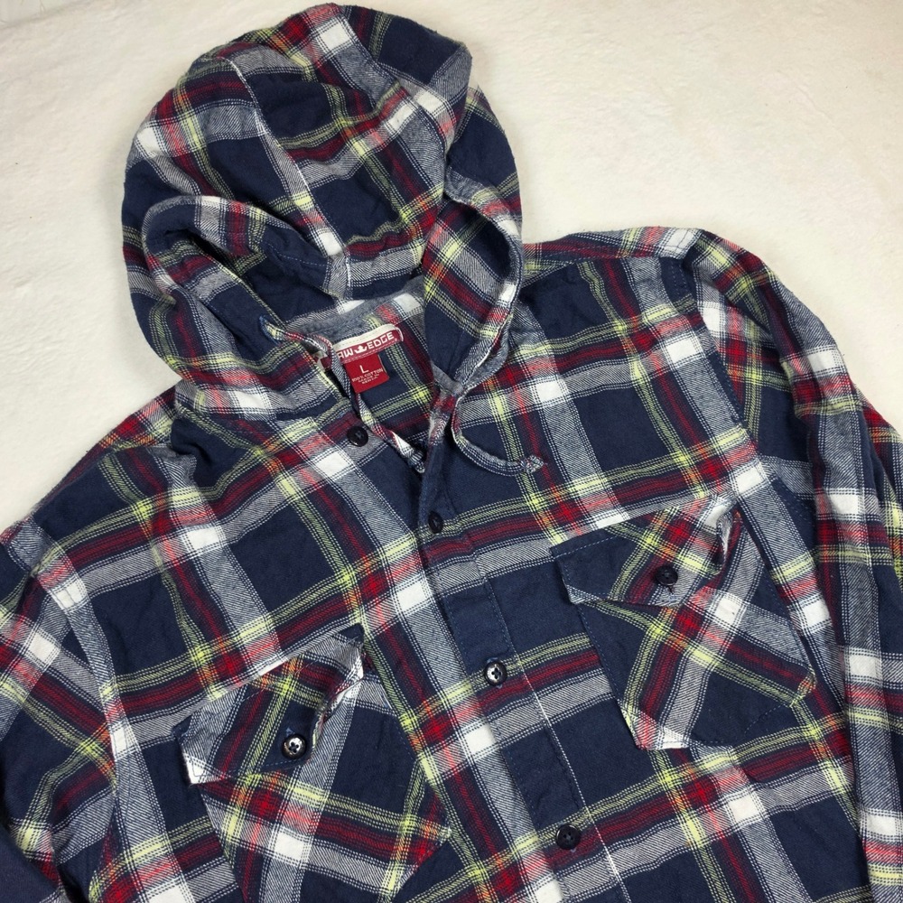 Raw Edge Mens Hooded Flannel Shirt Large‎ Navy Blue Red Plaid Cotton Button Down